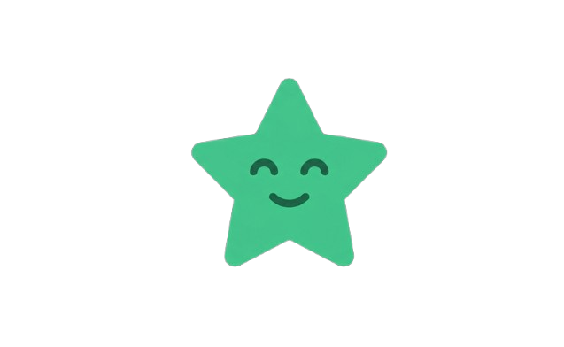 Green star with a smiley face, drawn in a simple line-art style
