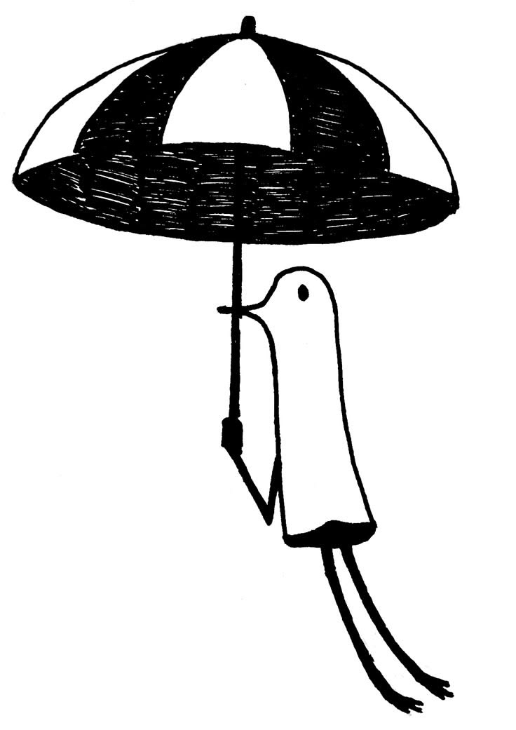 Black and white line-art illustration of a bird flying with an umbrella