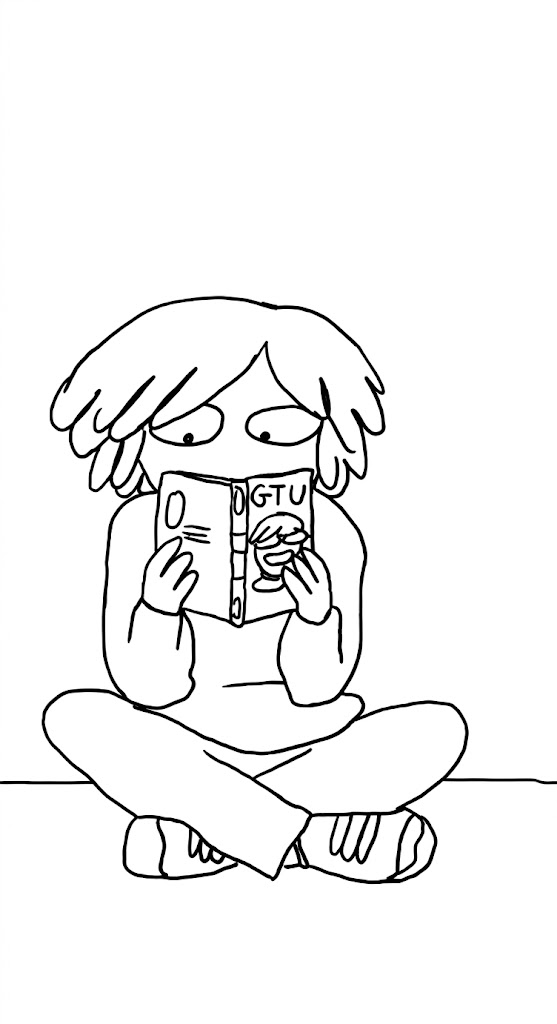Black and white line-art illustration of a person sitting and reading